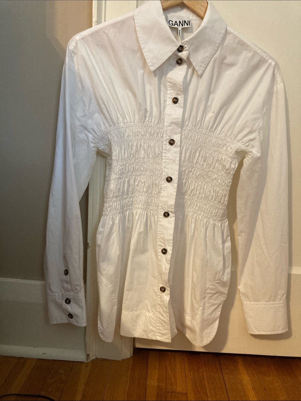 Ganni White Button-Up Shirred Waist Cotton Top with Tortoiseshell Buttons
